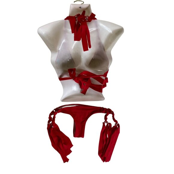 Red Thong Bikini XXL Tassels Koki Swimwear Puerto Rico Sexy Bathing Suit Fringe - Picture 2 of 7